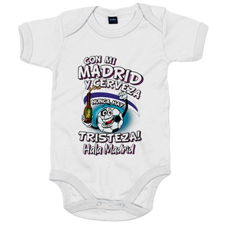 Body bebé frase con mi Madrid y cerveza nunca hay tristeza merengue fútbol