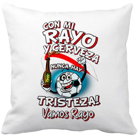Cojín con relleno frase con mi Rayo y cerveza nunca hay tristeza Vallecas fútbol