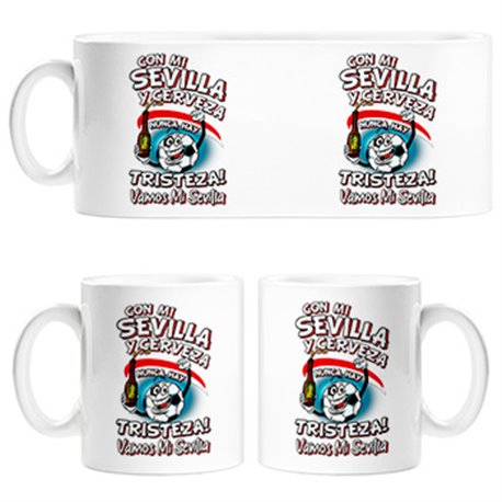 Taza frase con mi Sevilla y cerveza nunca hay tristeza fútbol
