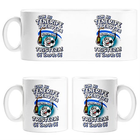 Taza frase con mi Tenerife y cerveza nunca hay tristeza fútbol
