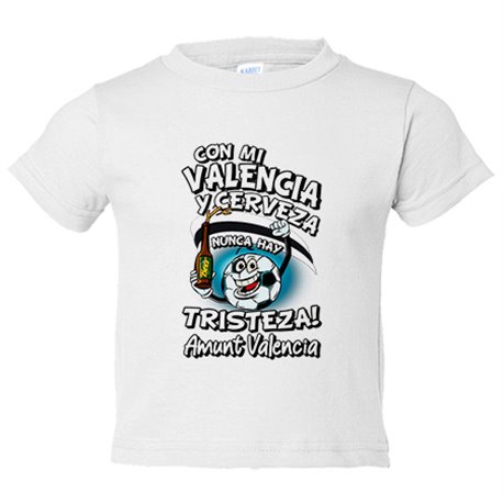 Camiseta bebé frase con mi Valencia y cerveza nunca hay tristeza para aficionado al fútbol