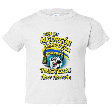 Camiseta niño frase con mi Alcorcón y cerveza nunca hay tristeza fútbol
