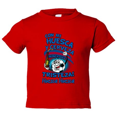 Camiseta bebé frase con mi Huesca y cerveza nunca hay tristeza para aficionado al fútbol