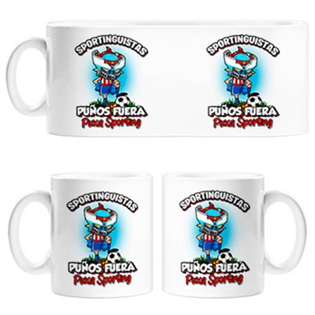 Taza frase sportinguistas puños fuera parodia robot de los 80 para nostálgicos futboleros del Sporting