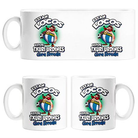 Taza parodia de Obelis para txuri urdines aficionados al fútbol