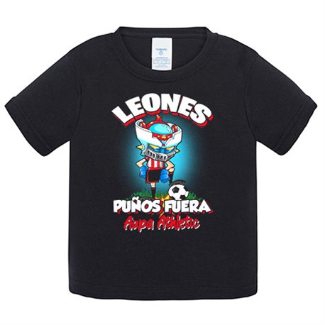 Camiseta bebé frase leones puños fuera parodia robot de los 80 para nostálgicos futboleros del Athletic