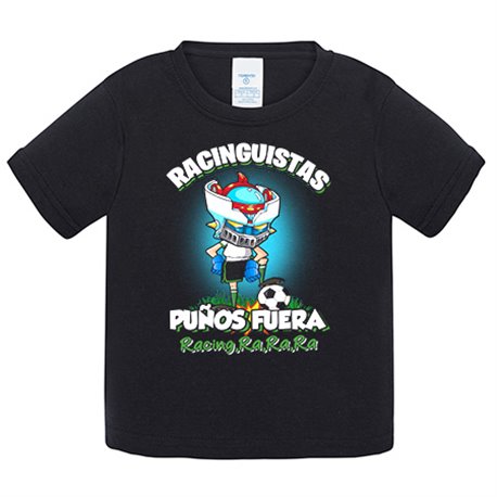 Camiseta bebé frase racinguistas puños fuera parodia robot de los 80 para nostálgicos futboleros del Racing