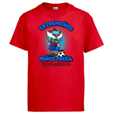 Camiseta frase extremeños puños fuera parodia robot de los 80 para nostálgicos futboleros de Extremadura